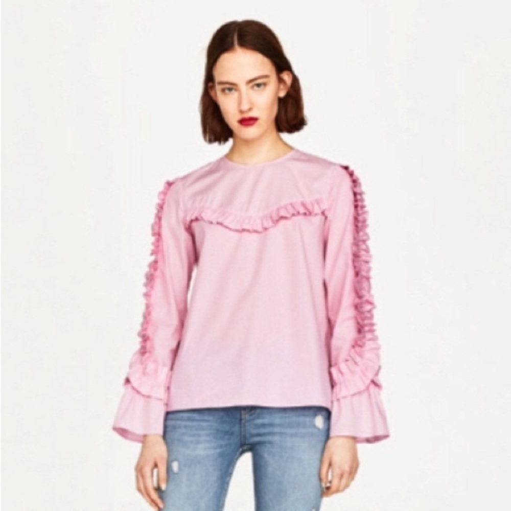 Zara Pink Frilled Ruffled Top Blouse Long Sleeves Size M NWT